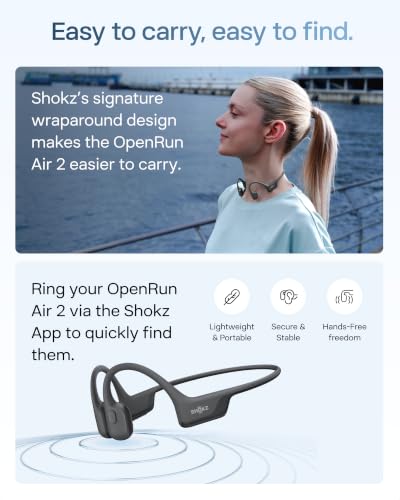 SHOKZ OpenRun Air 2 Bone Conduction Open-Ear Bluetooth Headphones，Black | Bundle with Hair Band；26.4g lightweight; Secure fit; PremiumPitch 3.0 sound; IP67; 10H battery; Running/cycling/hiking