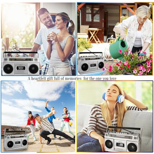 Retro Classic 80s Style Portable Boombox with Cassette Player Recorder, AM/FM/SW1/SW2 Radio, Bluetooth, USB/Micro SD Slots, Headphone Jack, 24W Dual Full-Range High Bass Speakers