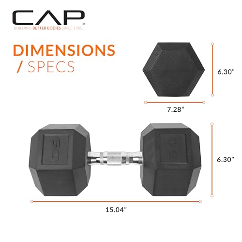 CAP Rubber Coated Dumbbell Weights, Free Weights for Home Gym Strength Training, Anti-Roll Hex Dumbbells with Black, Chrome & Comfort Grip Handles, Singles