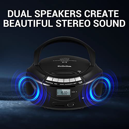 Gelielim Portable CD Players for Home, CD Boombox with AM/FM Stereo Radio, Bluetooth, USB, SD Card, MMC Drive, Aux-in, Headphone Jack,LCD Display, Boom Box CD Player AC/Battery Operated – Black