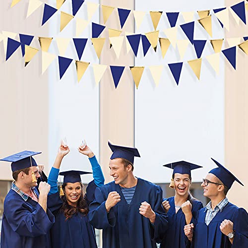 30Ft Navy Blue Gold and Beige Party Decorations Royal Blue Gold Triangle Flag Pennant Banner Bunting for Graduation Birthday Wedding Bridal Shower Nautical Ahoy Achor Theme Party Decorations Supplies