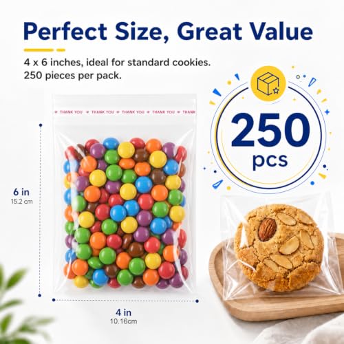 PerkDecor 4x6 Inch (250Pcs) Clear OPP Cellophane Bags, 2.2Mil Thick Crystal Clear Self Sealing Tear Resistant, Packaging for Cookies Treat Candies Crafts Party Favors Home Retail