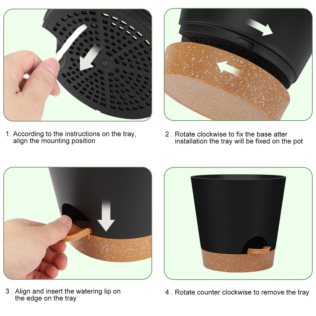 YNNICO 8,7, 6.5, 6, 5.5, 5 Inches Self Watering Planters for Indoor Plants | Black,Drainage Holes and Saucers,Modern Lightweight Plastic Plant Pots for Indoor/Outdoor.