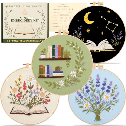 JOINRUN Embroidery Kit for Beginners Adults with Level 0 Practice Sampler | 4 Pre-Printed Book Lover Botanical Patterns + 1 Sampler Fabric, 7.8" Hoop, Video Tutorials, DIY Craft Gift for Women