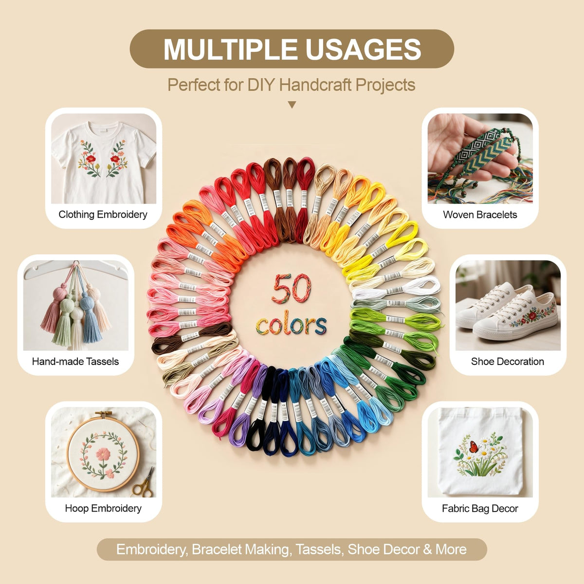 50 Skeins Embroidery Floss, 6-Strand String for Bracelets and Cross Stitch | 6 Strands Per Skein, Vibrant Assorted Colors, Easy to Separate, For Cross Stitch & DIY, Great for Friendship Bracelets