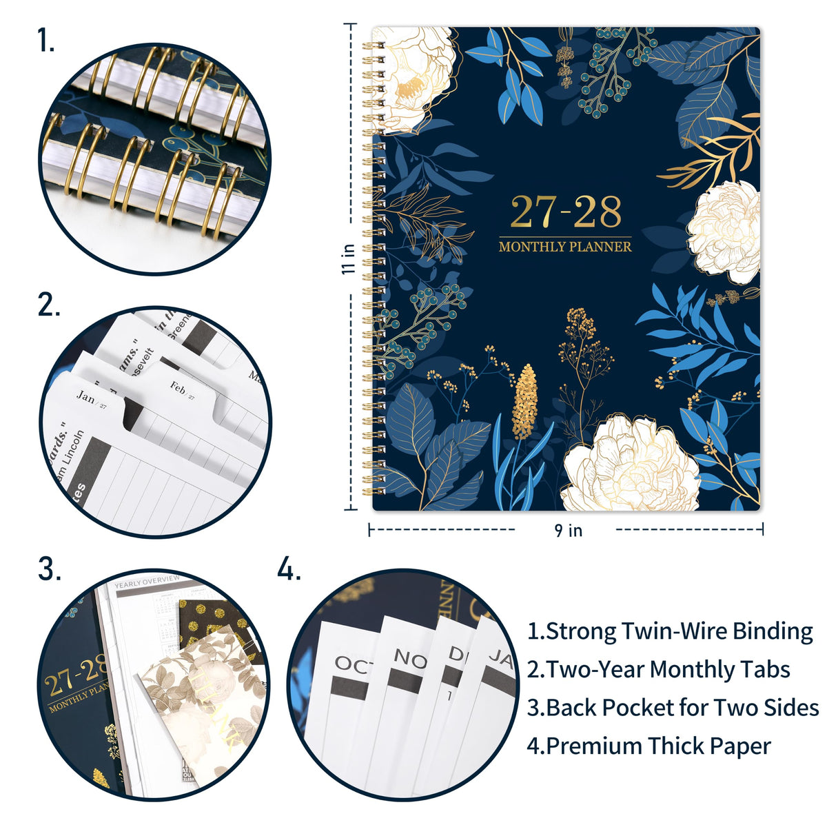 2027-2028 Monthly Planner - 2 Year Monthly Planner/Calendar 2027-2028, Jan 2027 - Dec 2028, 11" x 9", 24 Monthly Planner with Tabs, Back Pocket, Holidays, Twin-Wire Binding, Note Pages