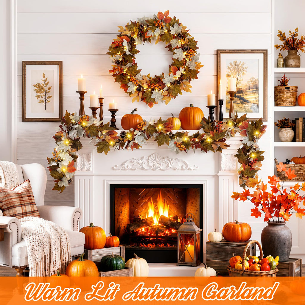 Luxspire 6 FT Fall Garland with Lights and Timer for Fall Decor | Fall Leaves Garland with Lights, Berries Maple Leaves Pinecones, Fall Decorations for Home Mantle Porch Window Stair Railing