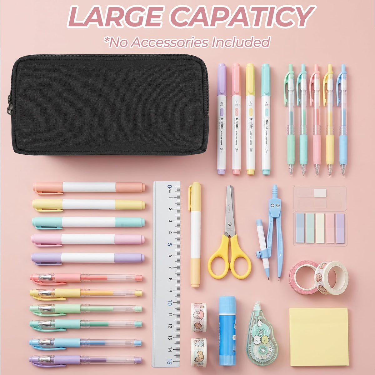 Della Gao Large Pencil Case, Big Capacity Pencil Pouch with 2 Compartments | Office Pencil Bag with Zipper, Big Pen Case for Adults (01-Black)