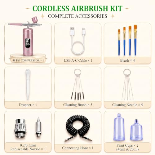 Cordless Airbrush Kit with Compressor, 48 PSI High Pressure, 3-Speed | 950mAh Rechargeable, 0.2/0.5mm Nozzles & 3 Cups, Non-Clogging, for Cake, Models, Makeup, Painting, Nail Art