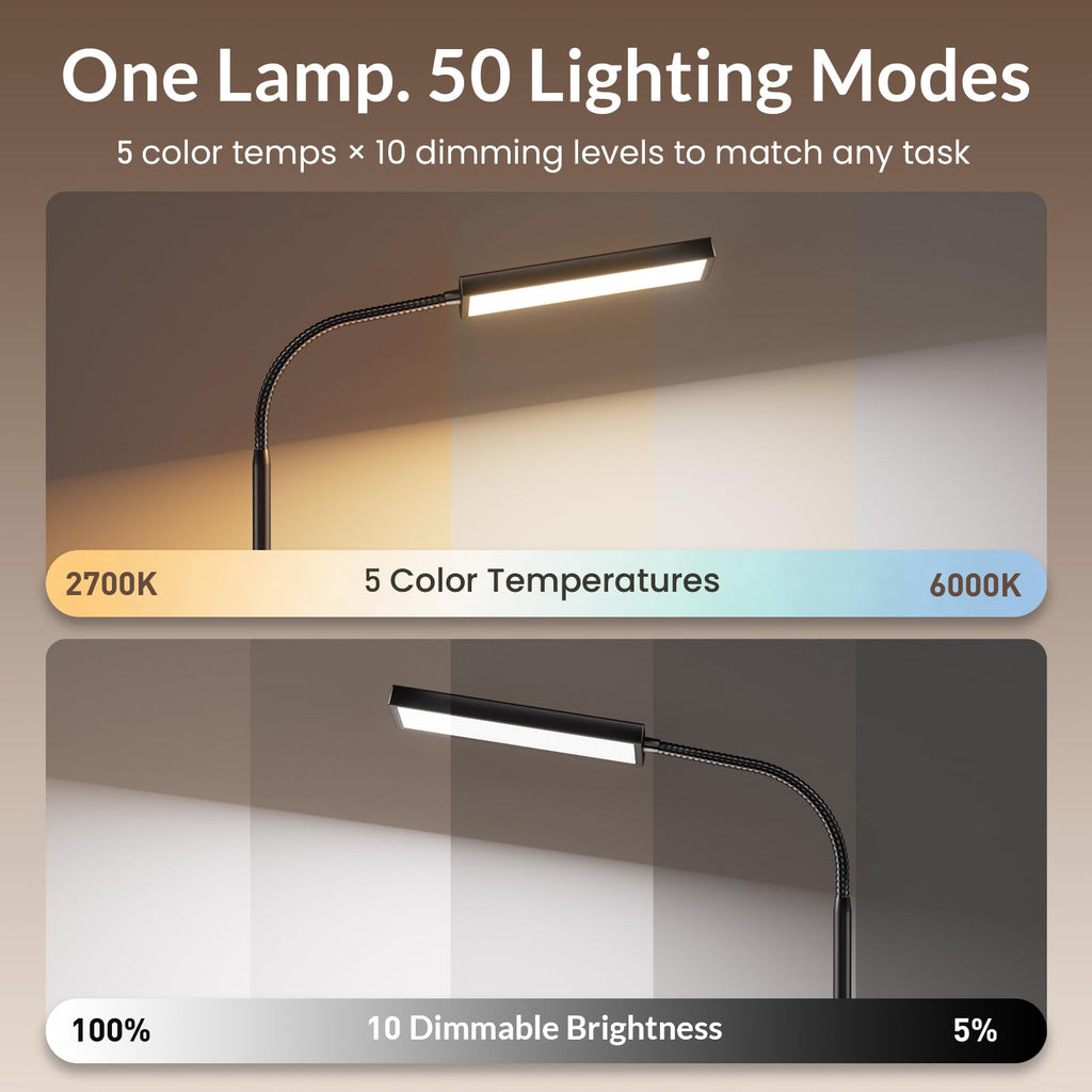 LEPOWER Desk Lamp, 800LM LED for Home Office, True Eye-Caring for Reading | 50 Lighting Modes, 2X Wider Panel, 360° Flexible Gooseneck, Touch Control, 12W Bright Table Lamp for Dorm, Bedroom, Study