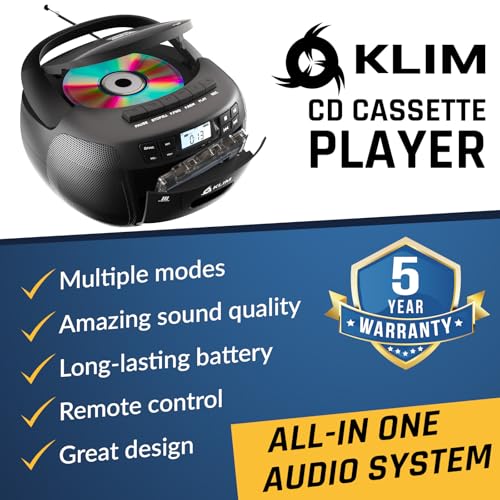 CD Cassette Player with Case, Bluetooth Boombox, AM FM Radio, USB Drive | 3W Stereo Speakers, Song Programming Included, Remote Operates Up to 6 Metres Away - Black