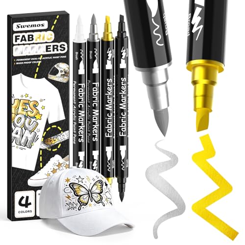 4 Fabric Markers, Fabric Paint Permanent for Clothes, Acrylic Paint Pens | for Helmets, Skateboards, Hats, Canvas, Shoes, Bags, Craft, DIY - Fabric Decorating Kit