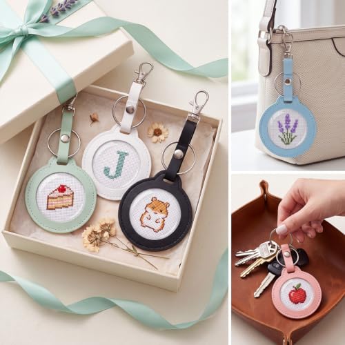 Whimsibelle 5 Pcs Self Finishing Needlepoint Key Fob Keychain, Round, Light | Self Finishing Needlepoint Kit, Needlepoint Keychain, PU Key Fob, Self Finishing Cross Stitch Keychain, Bag Charm DIY Key Fob