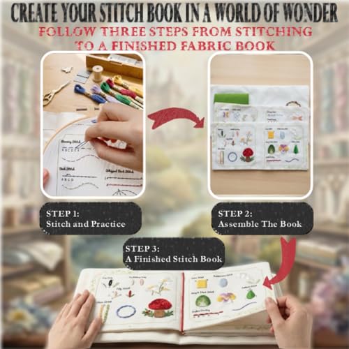 TenDawn Embroidery Stitch Book Kit for Beginners, 32 Essential Stitches | Structured Learning Order for Adults, DIY Sewing Kit with Floral Motifs, Practice Patterns