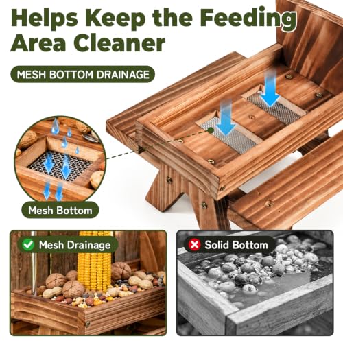 Squirrel Feeder for Outside, Funny Wooden Picnic Table with Mini Umbrella | Solid wood feeder for squirrels and chipmunks, drainage mesh, corn cob holder, feeding area, tree or fence mount