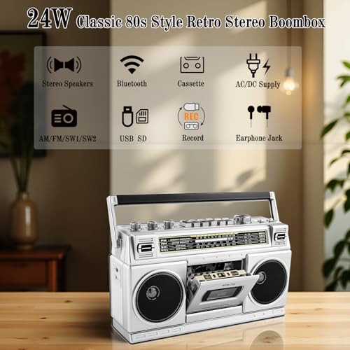 Retro Classic 80s Style Portable Boombox with Cassette Player Recorder, AM/FM/SW1/SW2 Radio, Bluetooth, USB/Micro SD Slots, Headphone Jack, 24W Dual Full-Range High Bass Speakers