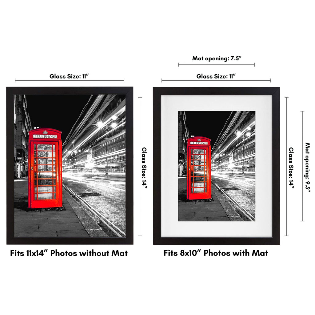 Americanflat 11x14 Picture Frame - Matted to 8x10 - Engineered Wood - Black | Shatter-resistant glass, hangs vertical or horizontal, sawtooth hangers included, use with or without mat