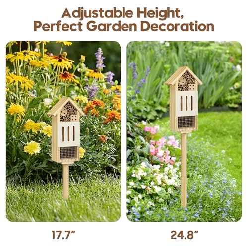 UUMENHA Bee House Bug Hotel & Butterfly House with Stake,Ladybug Hotel | Natural Insect Habitat for Garden, Patio, or Yard, Attracts Pollinators, 10.4 x 5.5 x 3.2 Inches,14 inches Stake