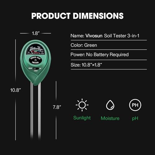 VIVOSUN Plant Soil Moisture Meter, 3-in-1 pH Tester, Indoor & Outdoor Use | Battery-Free; 3-in-1 Plant pH Tester; Home, Garden, Lawn, Farm; Promote Plants Healthy Growth
