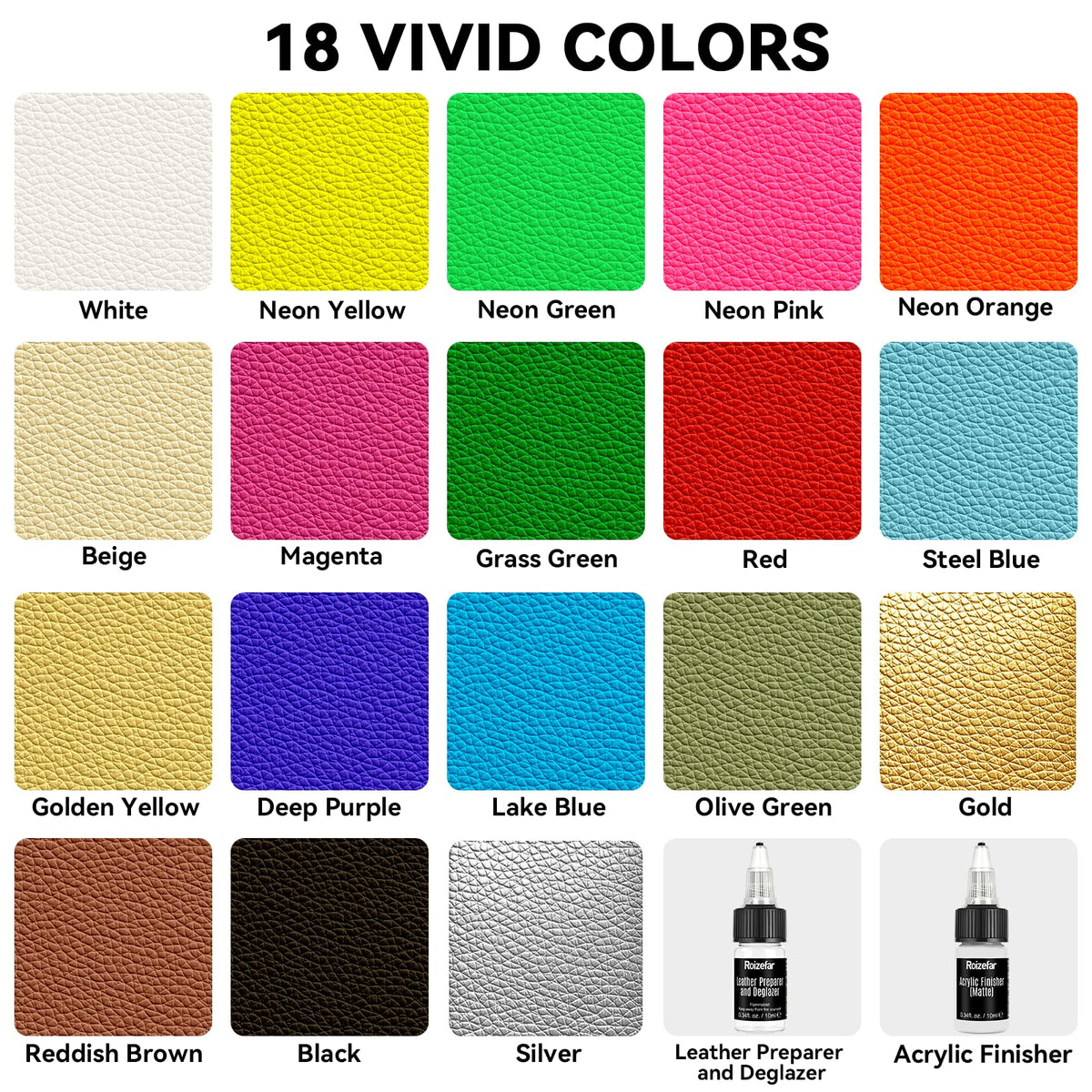 Roizefar Acrylic Leather Paint, 18 Colors with Deglazer & Finisher | All-in-One Kit, Flexible & Waterproof Leather Dye for Shoes, Bags, Jackets, Sneakers, Car Seats, Sofa, 0.34 fl oz Each