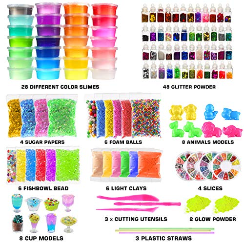126 Pcs DIY Slime Making Kit for Girls Boys, Ultimate Supplies for Kid | Creative Slime Bulk for Birthday Gifts, sensory play,Include 28 Slime, 2 Glow in The Dark Powder, 48 Bottle Glitter jar etc.