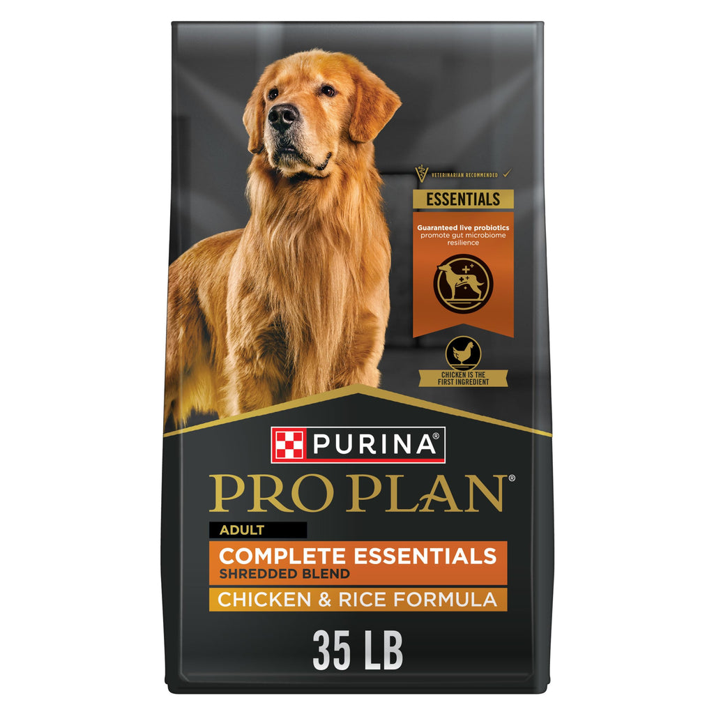 Purina Pro Plan Complete Essentials Chicken & Rice Dry Dog Food, 35 lb Bag | Shredded Blend crunchy kibble with tender pieces, real chicken as the first ingredient, live probiotics for digestive health