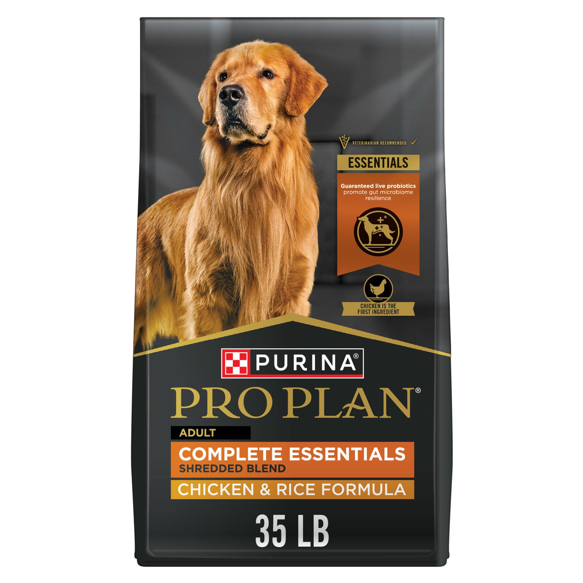 Purina Pro Plan Complete Essentials Chicken & Rice Dry Dog Food, 35 lb Bag | Shredded Blend crunchy kibble with tender pieces, real chicken as the first ingredient, live probiotics for digestive health