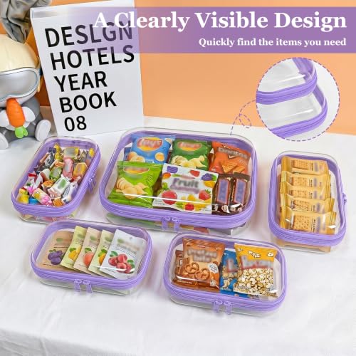 CarryEpic Clear Hard Shell Zipper Cases (5 Packs), Plastic Hard Sided Zippers Pouches Clear Hardshell Pencil Case For Storage, Diaper Bag Organizer Bliss Bins 4*Small/1*Medium, Purple