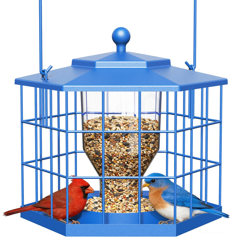 Birdream Squirrel Proof Bird Feeders for Outdoor Hanging, Metal Cage Bird Feeder with Rain Proof Covered for Wildbirds Bluebird Finches, Blue