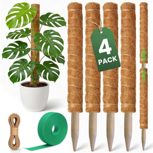 4 Pack 16" Moss Pole Monstera Plant Support - Stackable up to 48" | Plant Stakes for Indoor Climbing Plants Potted - Tall Coco Coir Pole Sticks & Accessories for Monstera, Pothos & Philodendron