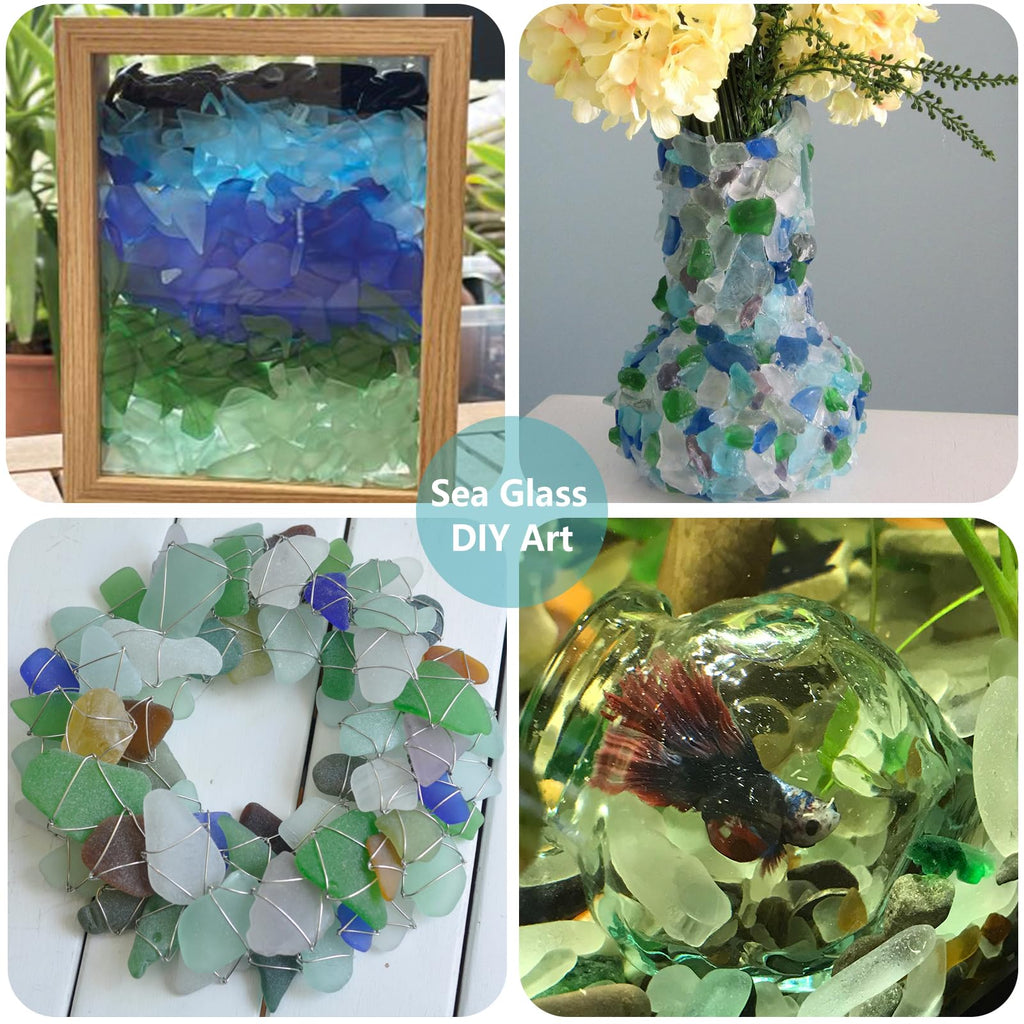 QYGL Sea Glass for Crafts - 14oz Blue Mixed Frosted Seaglass Pieces | Vase Filler and Aquarium Ornament, DIY Craft Supplies for Art, Beach Weddings, and Home Decor