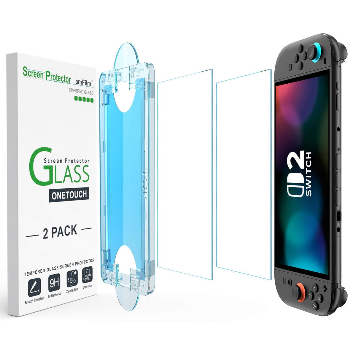 amFilm Auto-Alignment OneTouch for Nintendo Switch 2 Screen Protector 2025 | Tempered Glass Accessories, 30s Install, Bubble Free, Scratch & Drop Resistant, Touch Sensitive, 7.9'' Transparent [2 Pack]