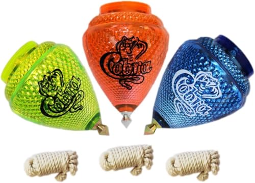 3 Pack Champion Cobra Durable Plastic Spin Tops for Kids Metal Tip Made in Mexico - Trompo Mexicano Champion Cobra Plastico Durable & Punta de Metal (Pack of 3 Assorted Colors)