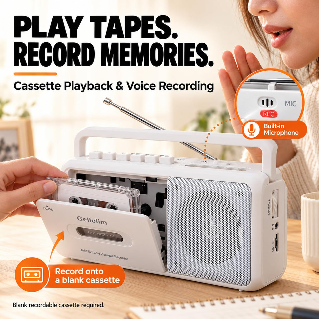 Cassette Tape Player, Portable Radio Cassette Player, Tape Recorder Cassette Player with Speaker,Headphone Jack, Battery/AC Power Casette Player, for Home and Travel, Elderly Gift,White