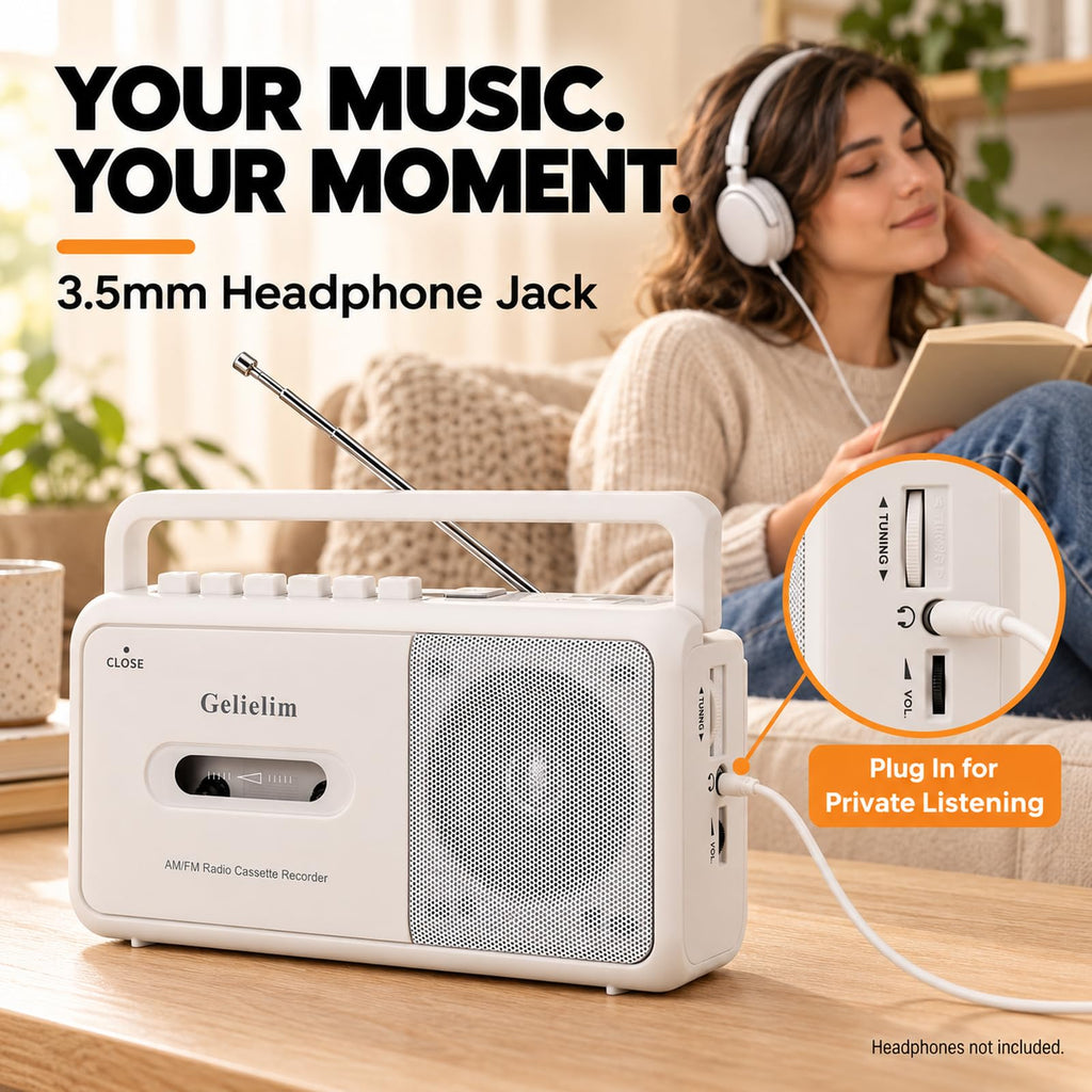 Cassette Tape Player, Portable Radio Cassette Player, Tape Recorder Cassette Player with Speaker,Headphone Jack, Battery/AC Power Casette Player, for Home and Travel, Elderly Gift,White