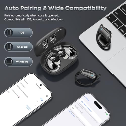 Wireless Earbuds Bluetooth Headphones, 54H Playtime Stereo Over Ear Buds with ENC Noise Cancelling, LED Power Display, IPX7 Waterproof Sport Earphones with Earhooks for Running/Workouts (Black)