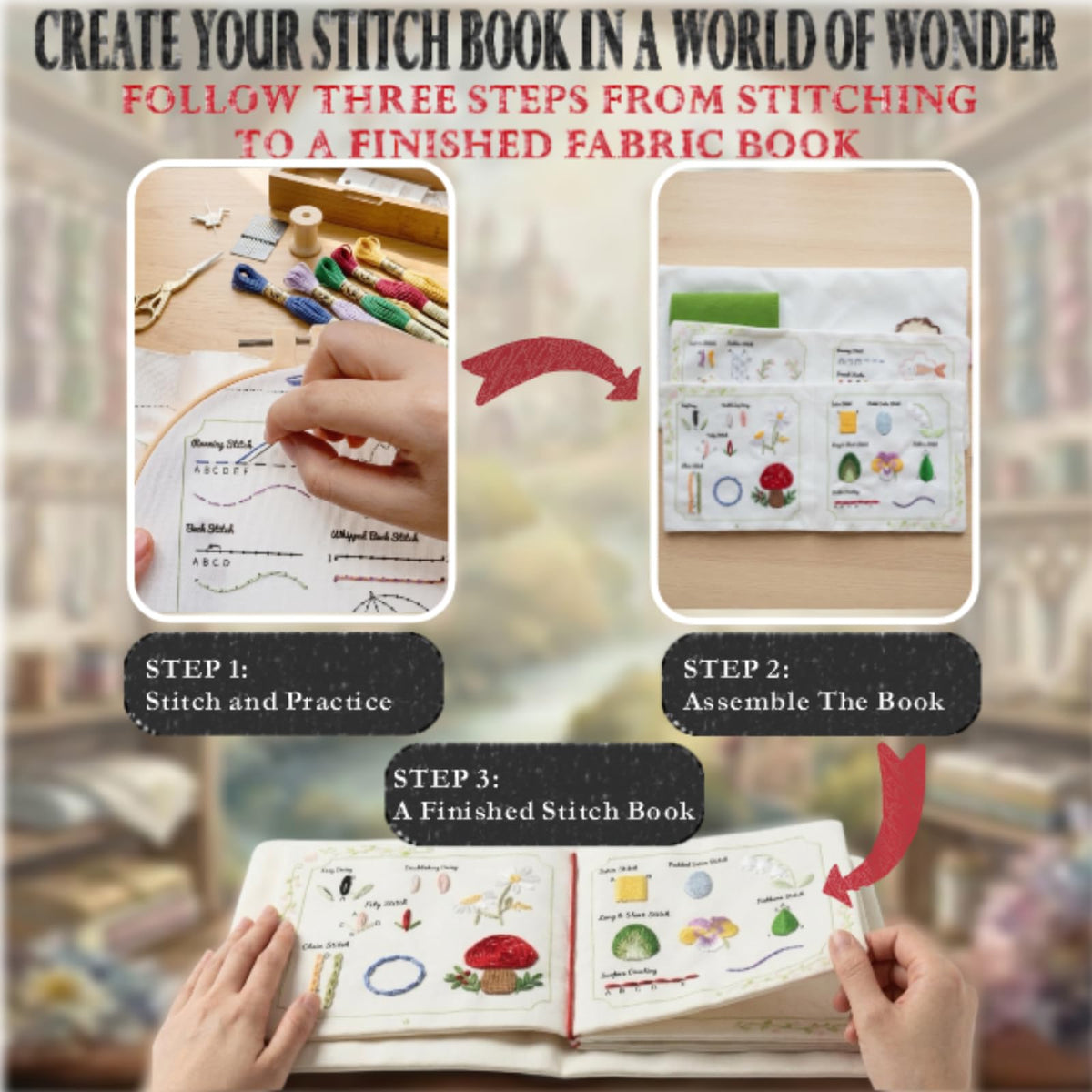 TenDawn Embroidery Stitch Book Kit for Beginners, 32 Essential Stitches | Structured Learning Order for Adults, DIY Sewing Kit with Floral Motifs, Practice Patterns