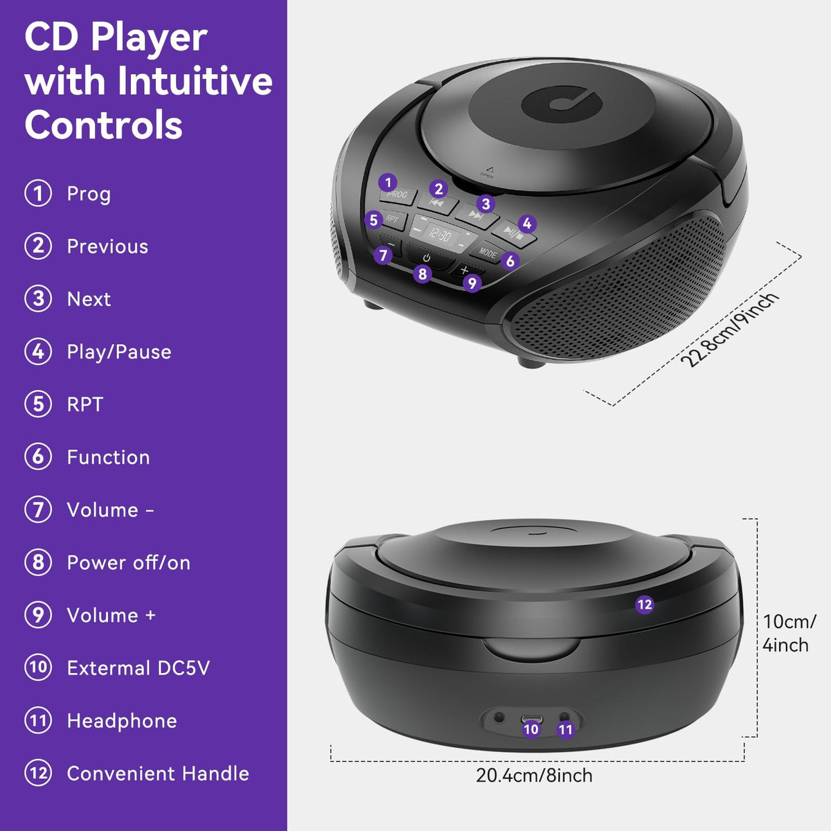 Gueray CD Player Portable Boombox Radio CD Players with Dual Speakers | Bulit-in FM Radio AUX Input Support Headphones Playlist Mode PROG Playback for Outdoor Indoor Audiobooks