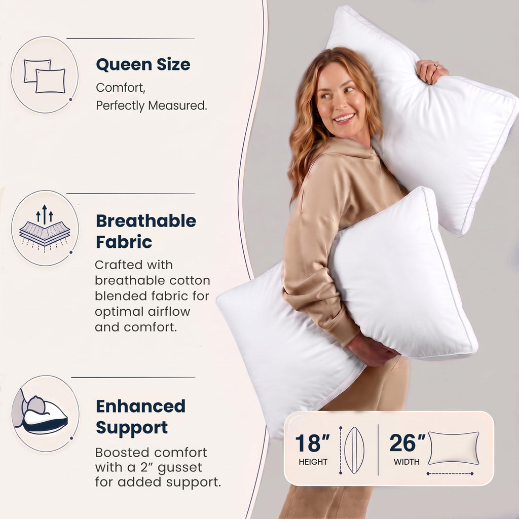 Utopia Bedding Gusset Bed Pillow, Hotel Pillows Queen Size Set of 2, White | Cotton Blended Down alternative pillows for sleeping, soft fluffy cooling comfort for Back, side & stomach sleepers, 2 pack