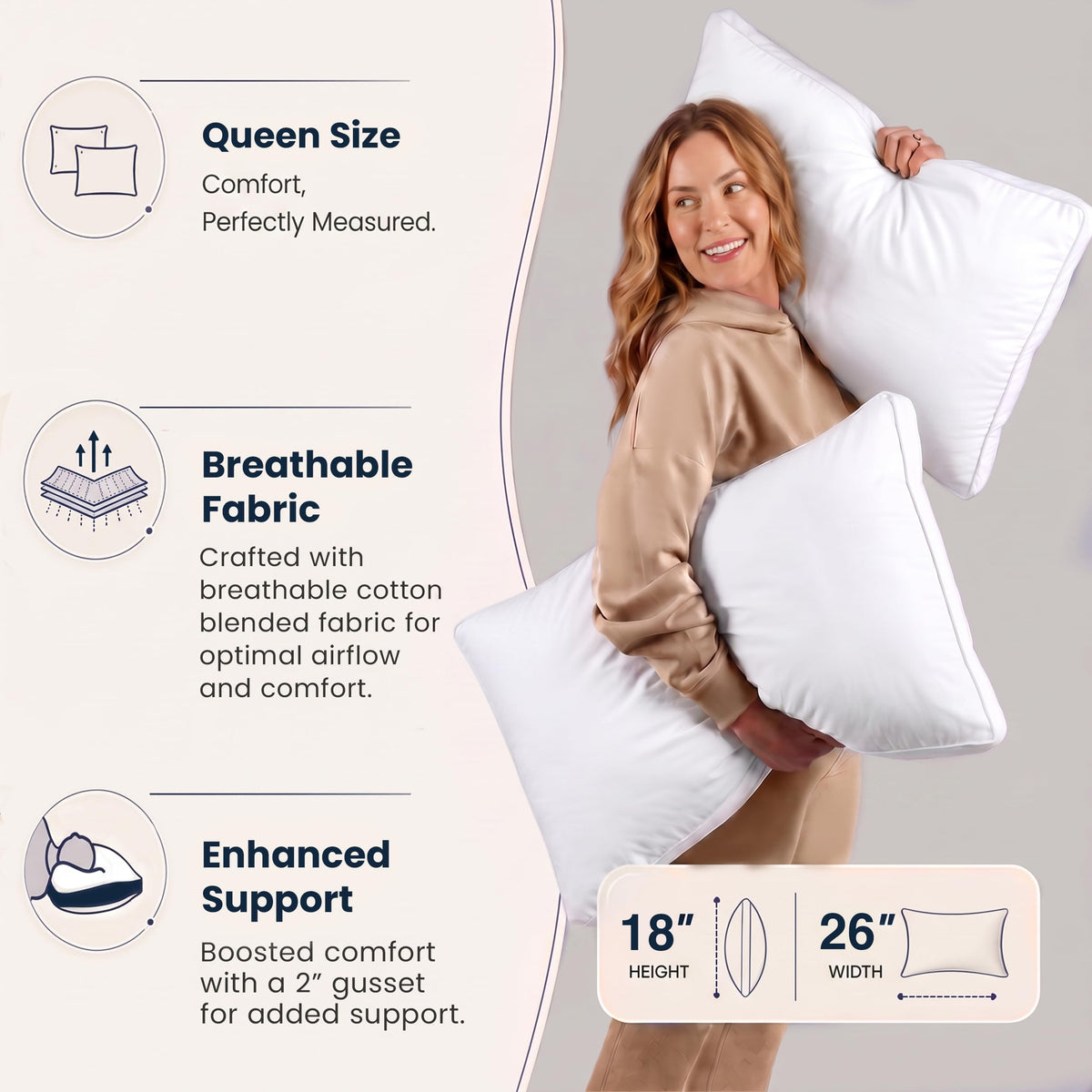 Utopia Bedding Gusset Bed Pillow, Hotel Pillows Queen Size Set of 2, White | Cotton Blended Down alternative pillows for sleeping, soft fluffy cooling comfort for Back, side & stomach sleepers, 2 pack