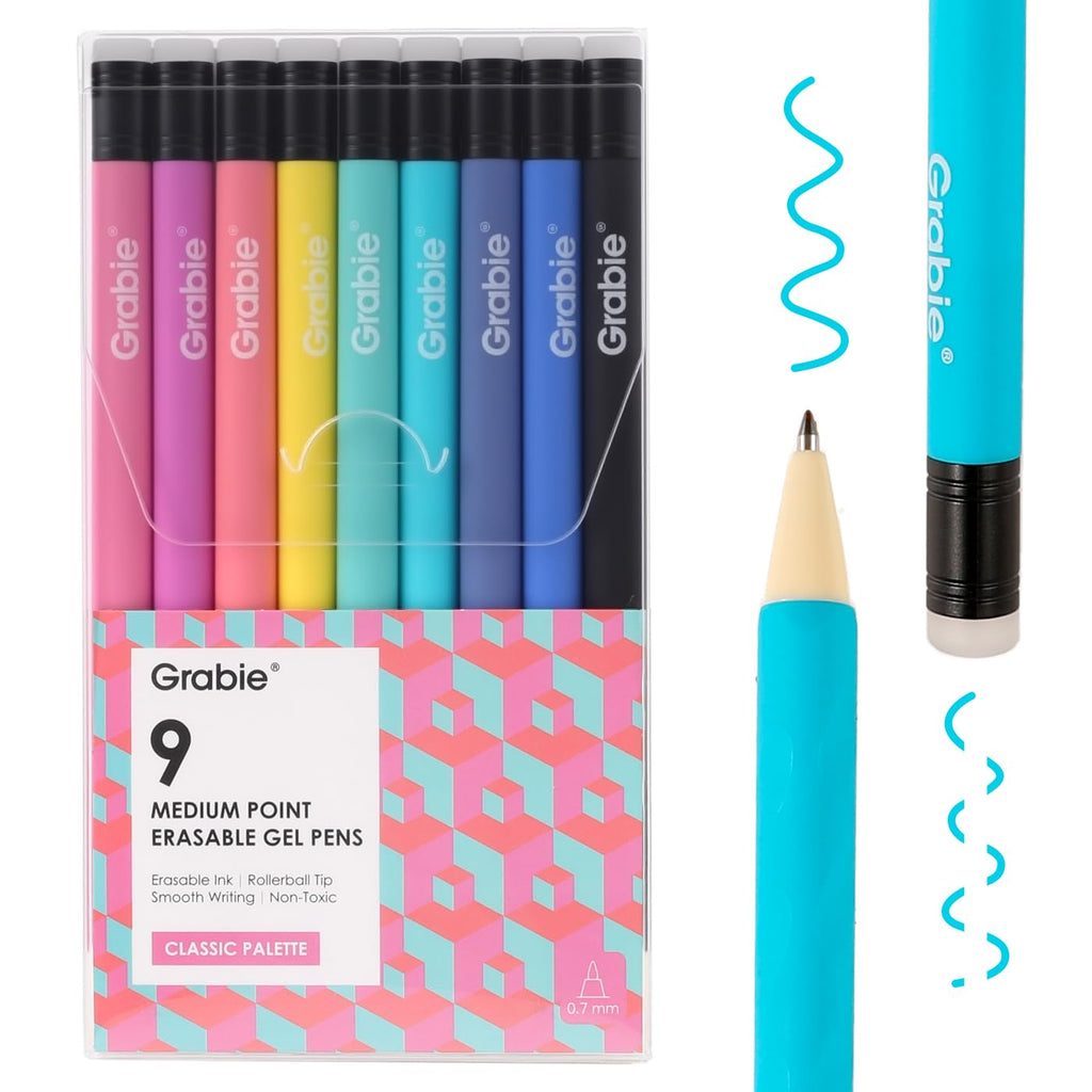 Grabie Erasable Gel Pens, 9 Medium Point 0.7 mm Pens, Classic | Heat-Sensitive Erasable Ink, Clean Erasing, Smooth Writing, Vibrant Assorted Colors, Twist-up Design, Drawing, Journaling