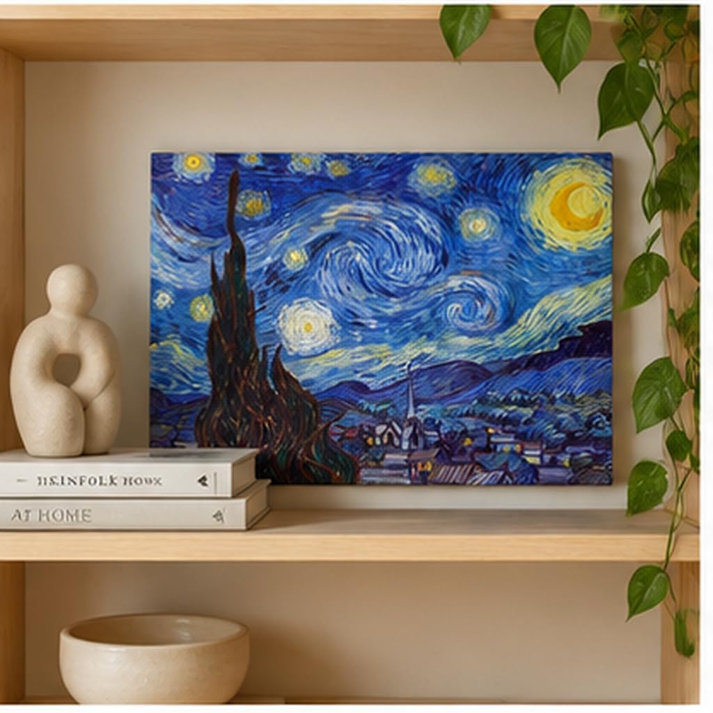 Wieco Art Starry Night Vincent Van Gogh Canvas Wall Art Prints | Gallery Wrapped, Ready to Hang, Paintings Reproduction, Abstract Landscape Pictures, Wall Art for Home Office Decorations