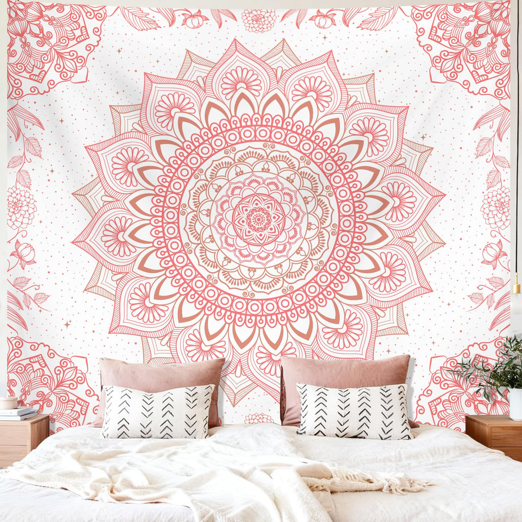 Apdidl Pink Boho Wall Tapestry for Bedroom,Mandala Bohemian Tapestries Girl | Girls Large Light Pink and White Cute Room Wall Hanging, Floral Hippy Flowers Teen Wall Decor Art Aesthetic for Dorm 51"X60"