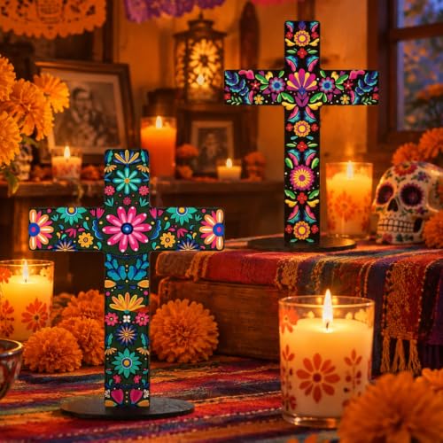 Pinkunn 2 Pcs Day of The Dead Cross Decor, Floral | 9 X12 in Hand Painted Wooden Dia De Los Muertos Cross, Mexican Altar Ofrenda Decor, Spanish Crucifix, Home Church Centerpiece