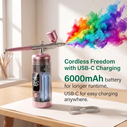 Cordless Airbrush Kit with Compressor, 48 PSI High Pressure, 3-Speed | 950mAh Rechargeable, 0.2/0.5mm Nozzles & 3 Cups, Non-Clogging, for Cake, Models, Makeup, Painting, Nail Art
