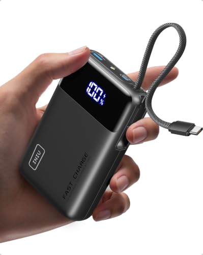 INIU 20000mAh Portable Charger, Smaller 45W Fast Charging Travel Power Bank | Flight-Safe, Built in USB-C Cable, Travel Essential, Battery Phone Pack for iPhone 18 17 16 Pro, Samsung S26, iPad etc, Black