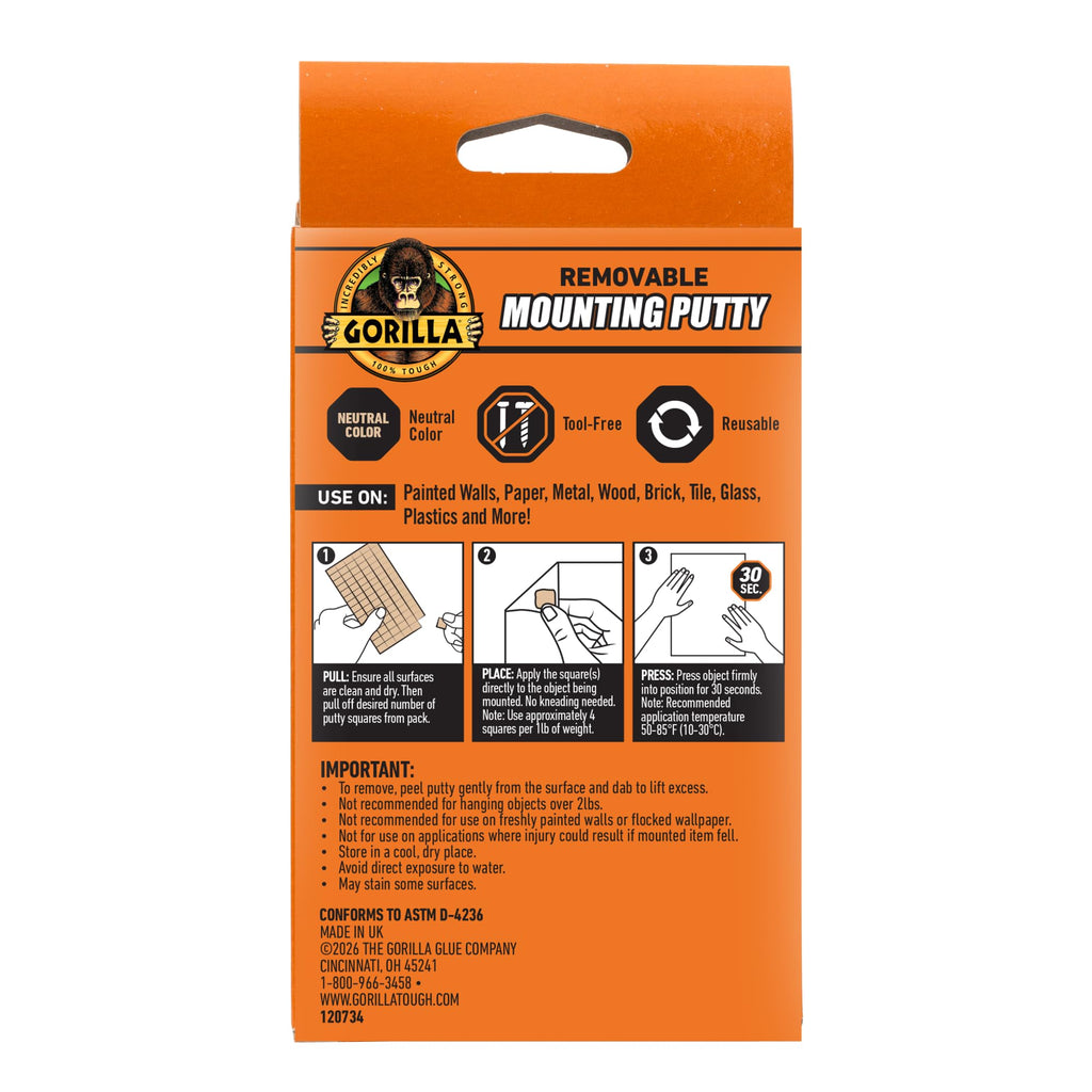 Gorilla Removable Mounting Putty, Reusable Tack, 168 Pre Cut Squares | Repositionable adhesive putty holds up to 2 lbs. No-mess mounting for posters, signs & décor, indoors or out