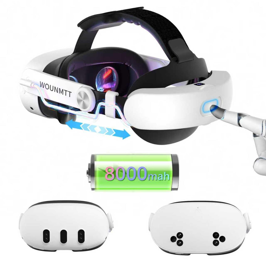 WOUNMTT Head Strap for Meta Quest 3/3S with Battery, Adjustable | Patented one-click fit with 3-level rear support. Built-in battery adds 2-4H playtime. Fast charge. Reduces facial pressure