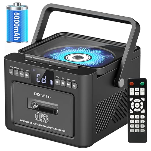Sunoony Boombox Cassette CD Player Combo with Bluetooth, 5000mAh Battery | Rechargeable Cd and Cassette Player for Home,FM Radio/Remote Control/Tape Recording/AUX/TF/USB/Earphone Jack for Kids, Gift