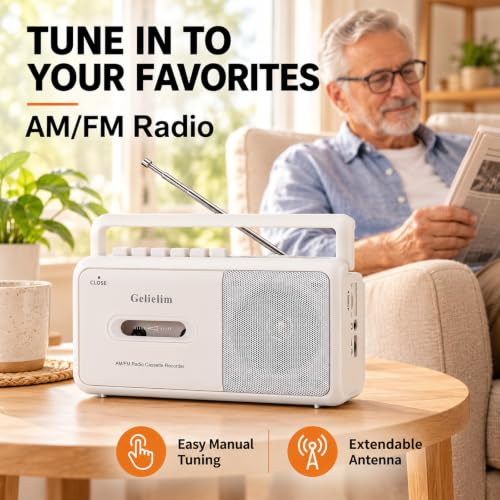 Cassette Tape Player, Portable Radio Cassette Player, Tape Recorder Cassette Player with Speaker,Headphone Jack, Battery/AC Power Casette Player, for Home and Travel, Elderly Gift,White